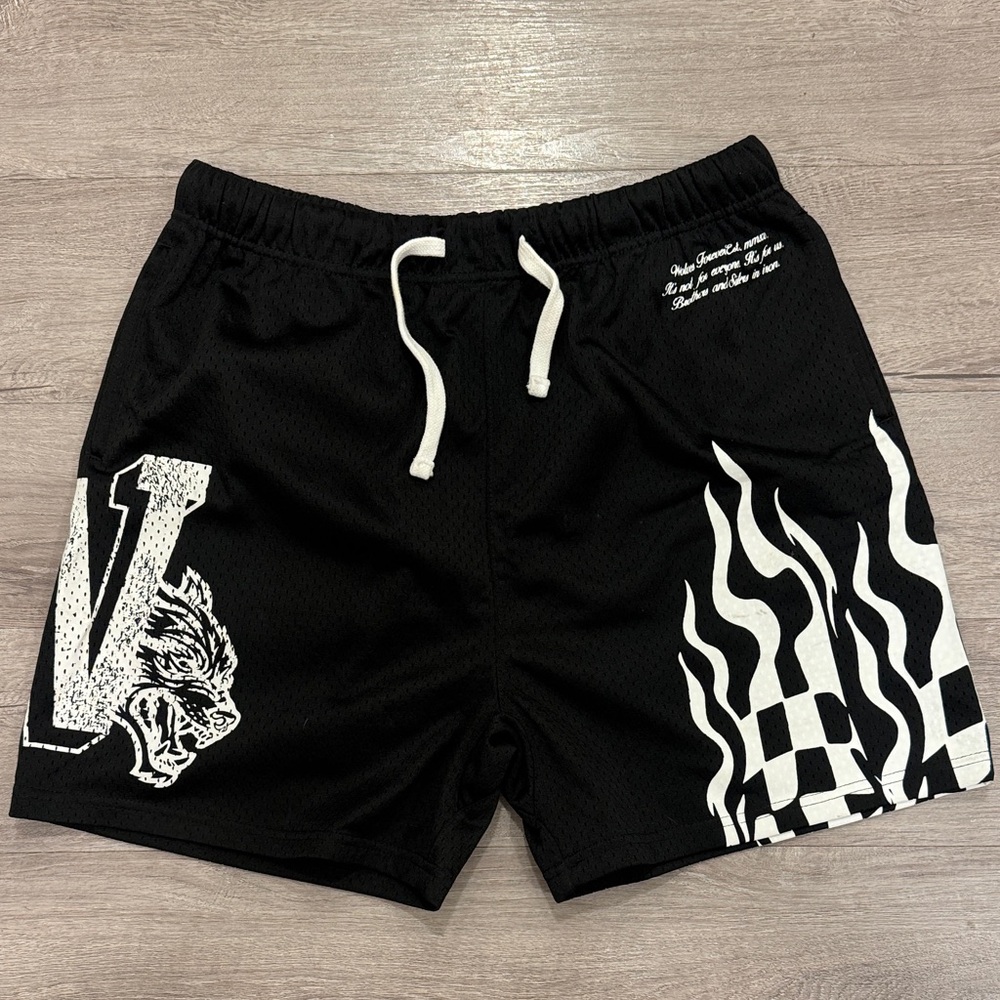 Darc Sport Black and White Athletic Shorts with Flame & V Print